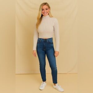 American Eagle Outfitters Off-White Cable Knit Turtleneck Sweater Crop Top